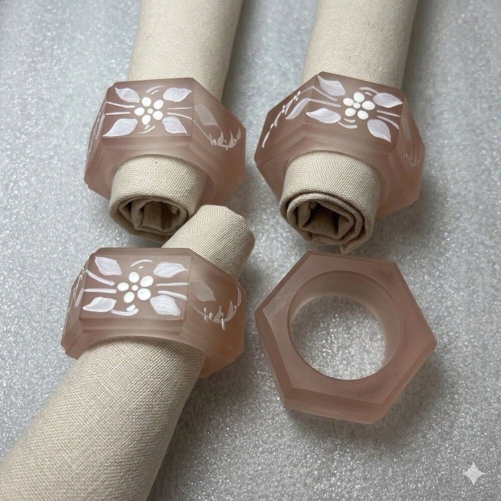 4 Of Vtg Westmoreland Pink Satin Glass Hexagon Napkin Rings Hand Painted Floral